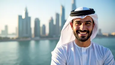 A smiling Gulf Arab man with Dubai in the background