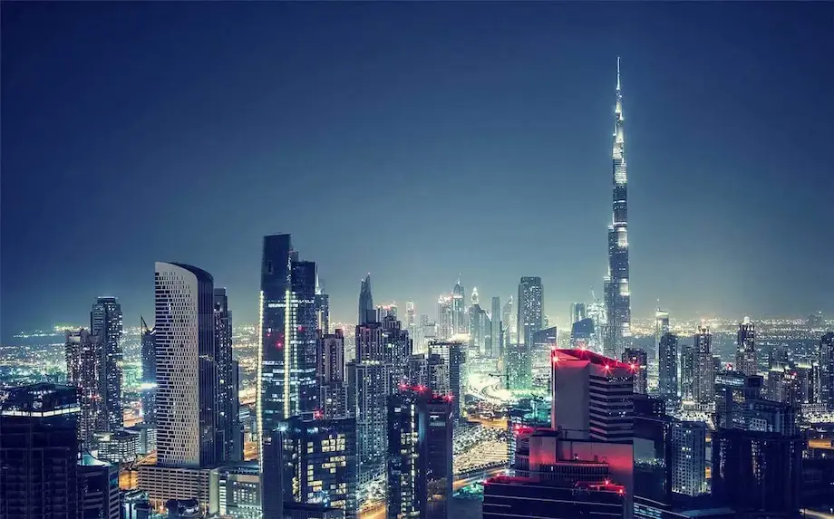 The Dubai skyline at dusk